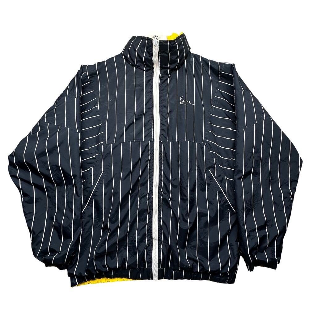 Karl Kani Reversible Pinstripe Windbreaker Jacket Mens Medium Yellow Hooded